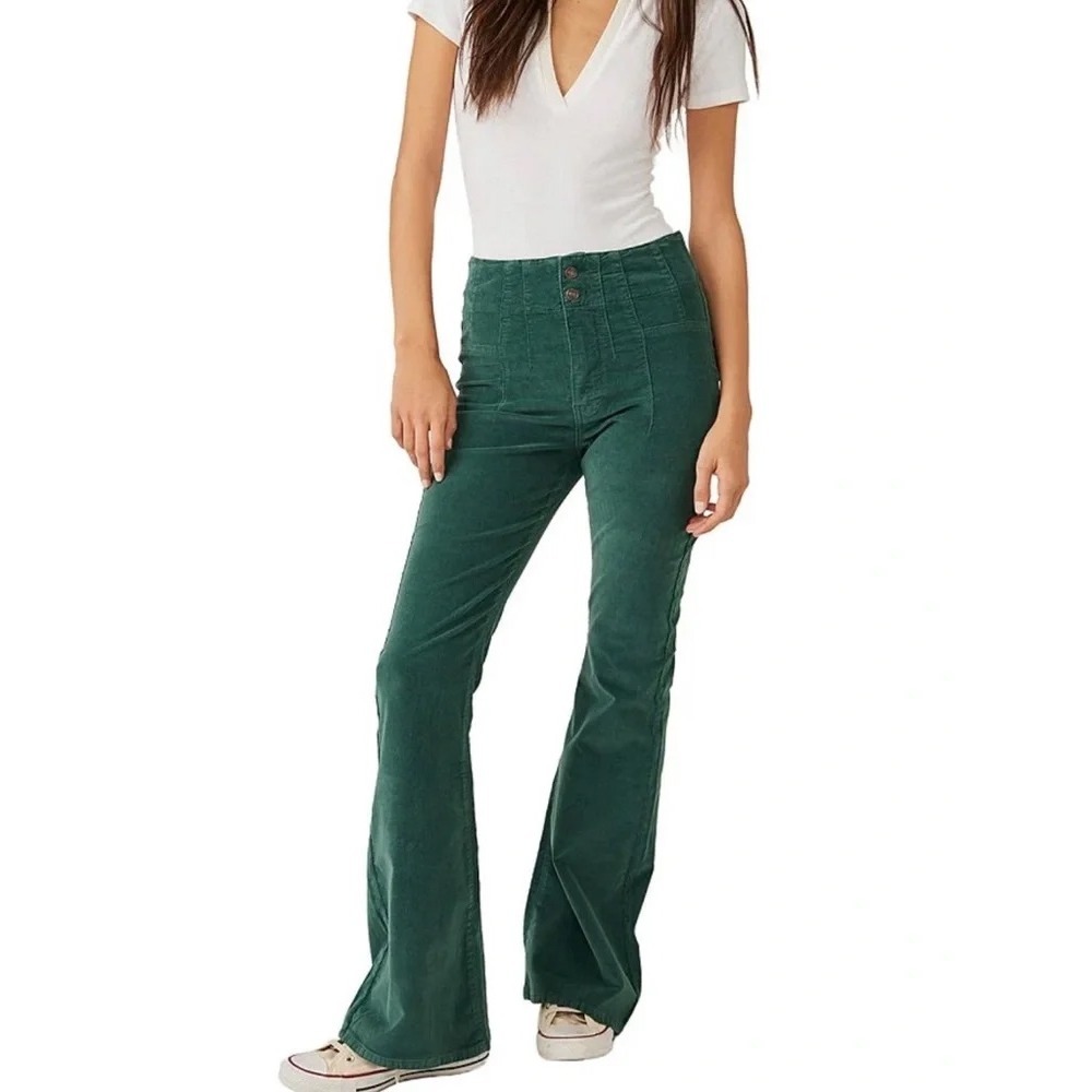 We The Free People Jayde Indie Festival High Rise Corduroy Flare Pants Green 26